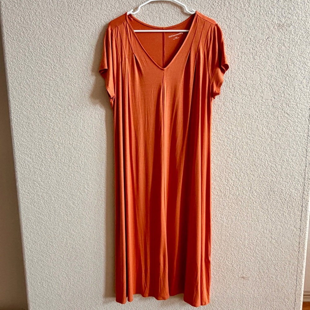 Soft Surroundings Orange V Neck Short Sleeve A Line Jersey Midi Dress Size Large